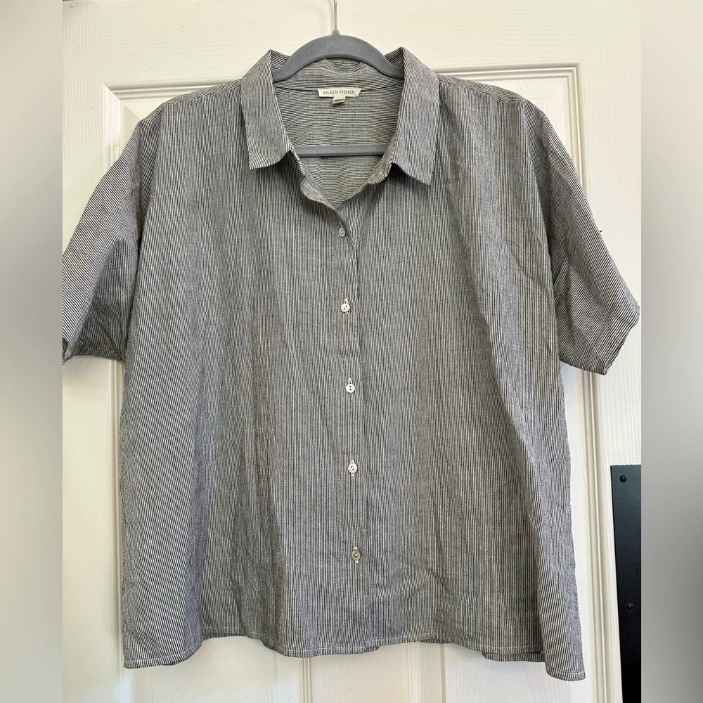 Eileen Fisher Organic Cotton Linen Ticking Stripe Shirt - Picture 4 of 10